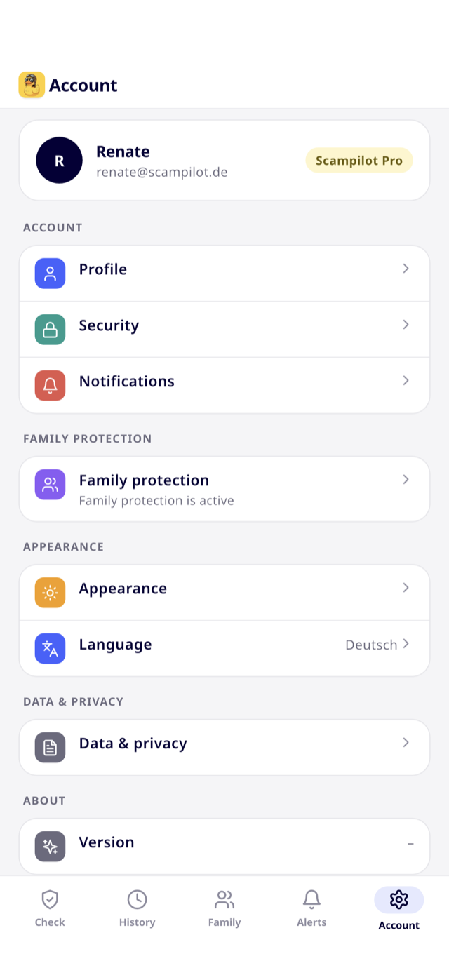 Scampilot for iPhone - account